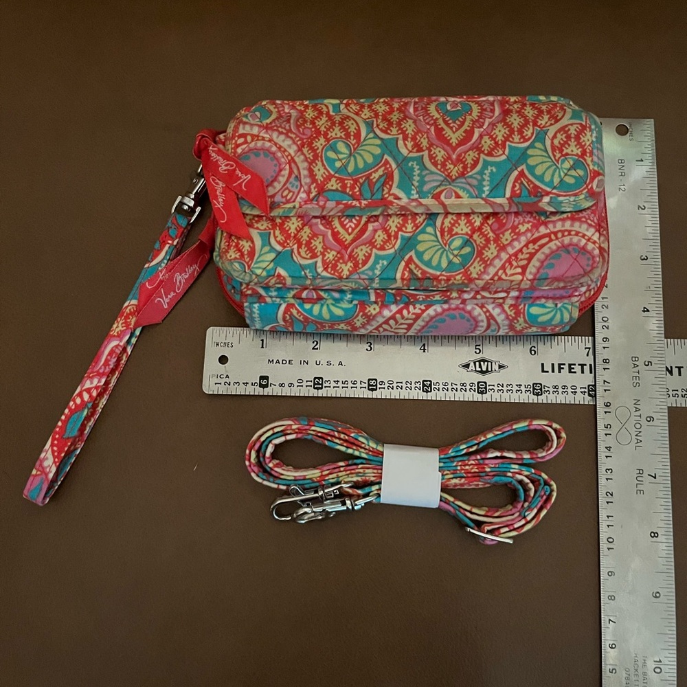 Vera Bradley Orange and Teal Patterned Wristlet with Crossbody Strap